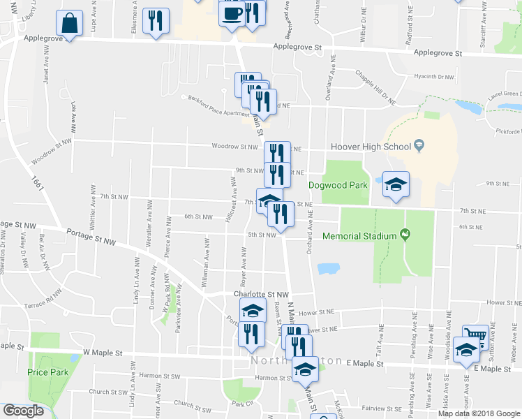 map of restaurants, bars, coffee shops, grocery stores, and more near 600 Royer Avenue Northwest in North Canton