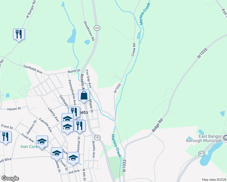 map of restaurants, bars, coffee shops, grocery stores, and more near 86 Creek Road in Bangor