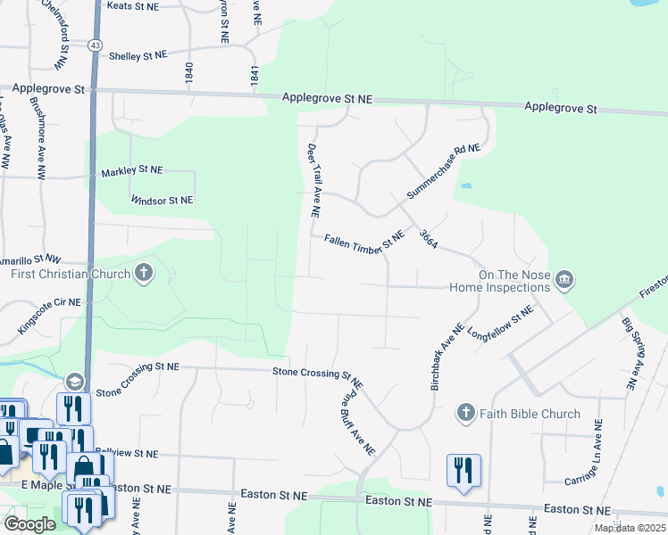 map of restaurants, bars, coffee shops, grocery stores, and more near 6848 Deer Trail Avenue Northeast in Canton