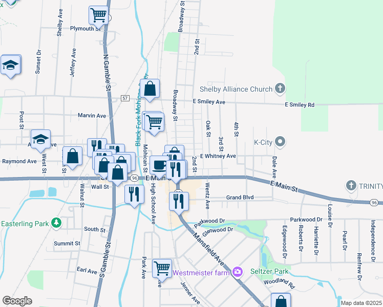 map of restaurants, bars, coffee shops, grocery stores, and more near 35-43 East Whitney Avenue in Shelby