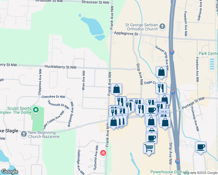 map of restaurants, bars, coffee shops, grocery stores, and more near 6981 Frank Avenue Northwest in North Canton