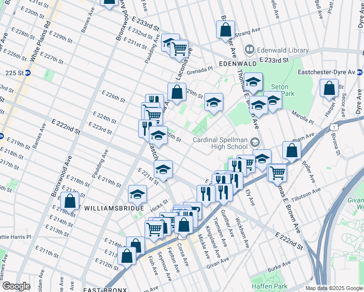 map of restaurants, bars, coffee shops, grocery stores, and more near 1187 East 224th Street in Bronx