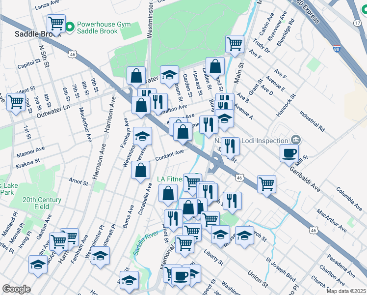 map of restaurants, bars, coffee shops, grocery stores, and more near 80 Contant Avenue in Lodi