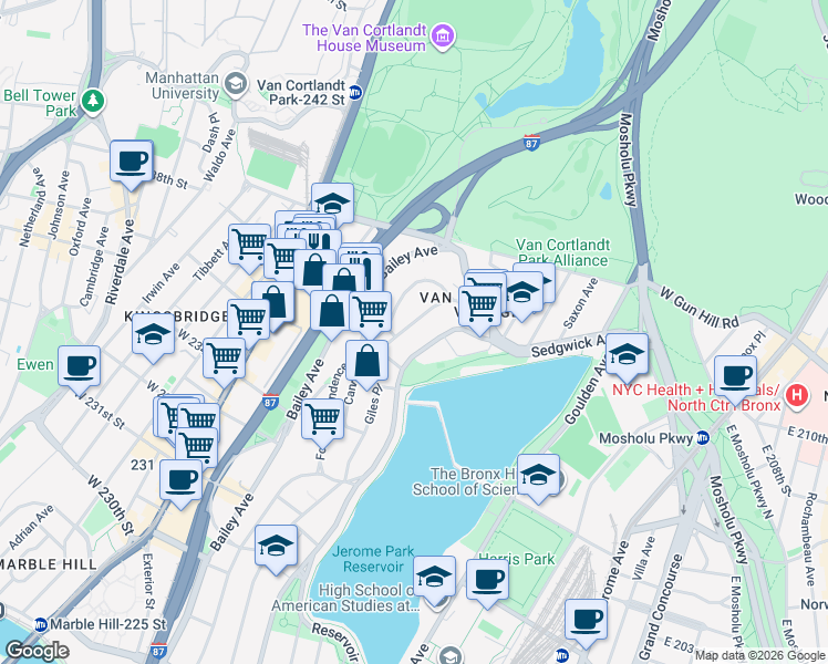 map of restaurants, bars, coffee shops, grocery stores, and more near 3821 Sedgwick Avenue in Bronx