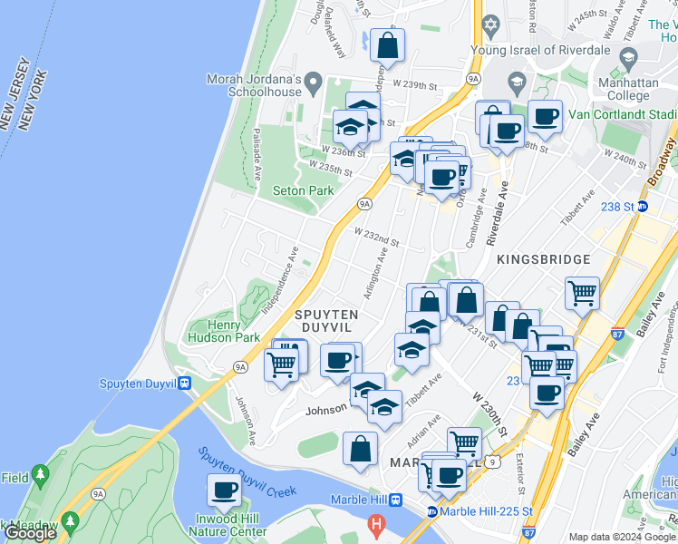 map of restaurants, bars, coffee shops, grocery stores, and more near 711 West 230th Street in Bronx