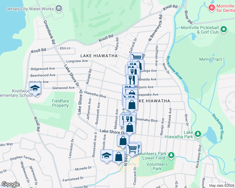 map of restaurants, bars, coffee shops, grocery stores, and more near 186 Hiawatha Boulevard in Parsippany-Troy Hills