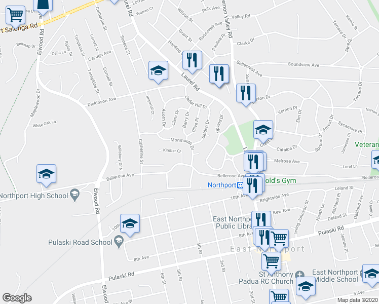 map of restaurants, bars, coffee shops, grocery stores, and more near 21 Monmouth Drive in East Northport