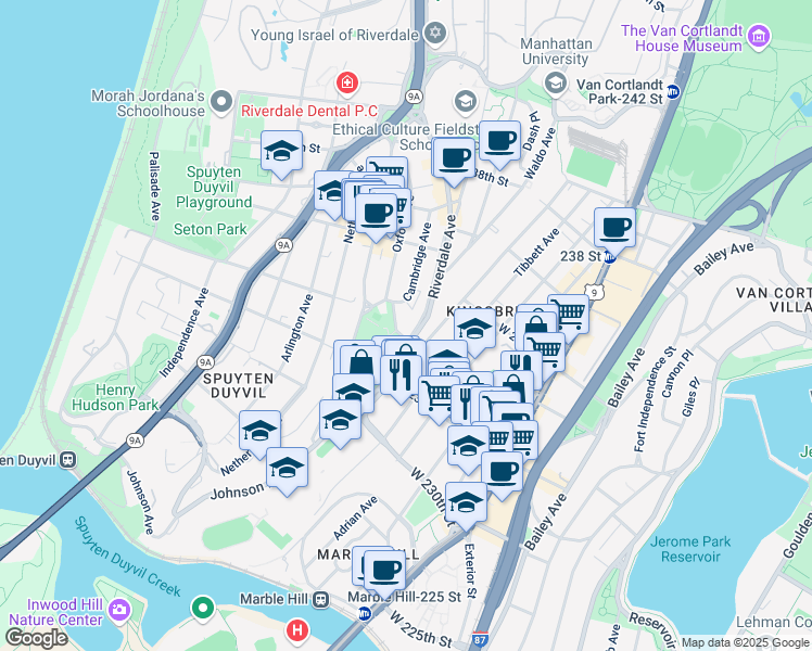 map of restaurants, bars, coffee shops, grocery stores, and more near 511 West 232nd Street in Bronx