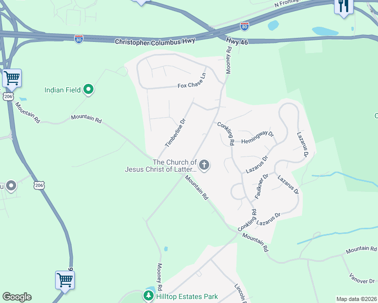 map of restaurants, bars, coffee shops, grocery stores, and more near 54 Mooney Road in Roxbury Township