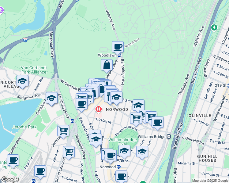 map of restaurants, bars, coffee shops, grocery stores, and more near 3550 Rochambeau Avenue in Bronx