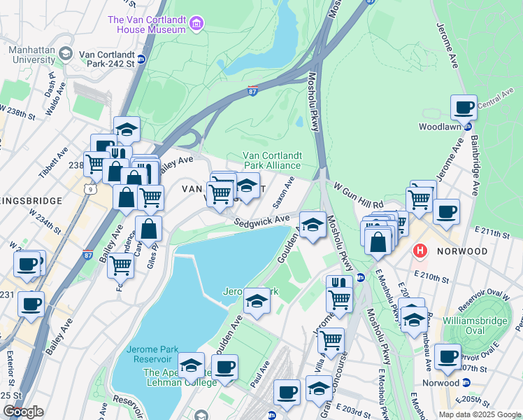 map of restaurants, bars, coffee shops, grocery stores, and more near Sedgwick Avenue in The Bronx