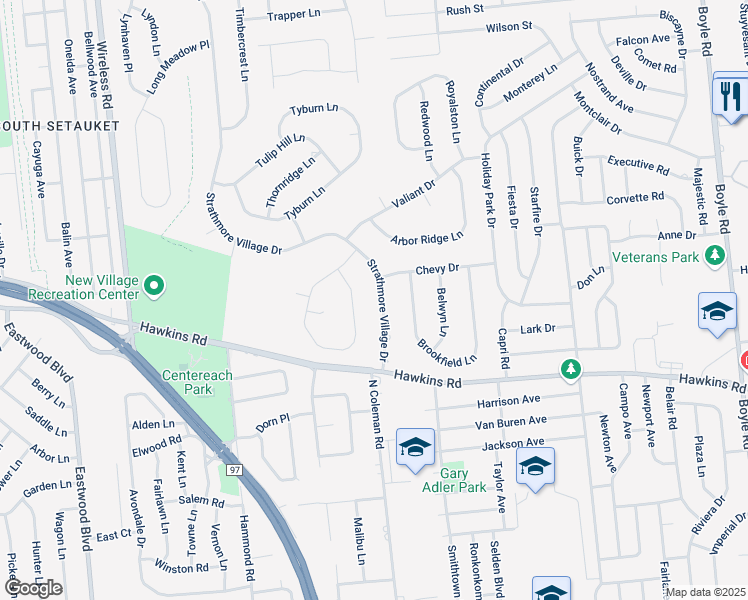 map of restaurants, bars, coffee shops, grocery stores, and more near 46 Segatogue Lane in Centereach