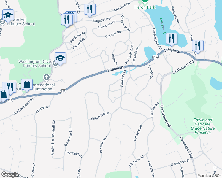 map of restaurants, bars, coffee shops, grocery stores, and more near 17 Forest Drive in Centerport