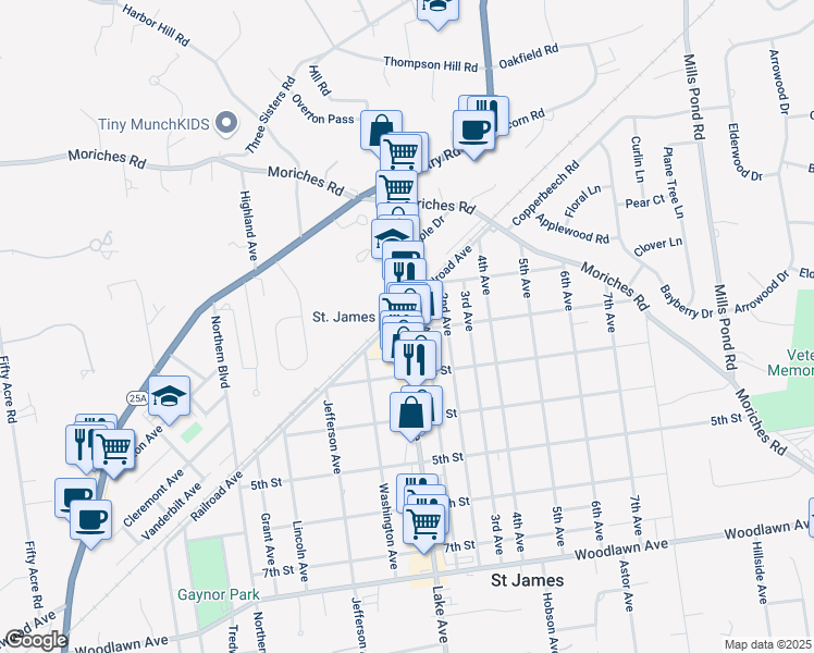 map of restaurants, bars, coffee shops, grocery stores, and more near 476 Lake Avenue in Saint James