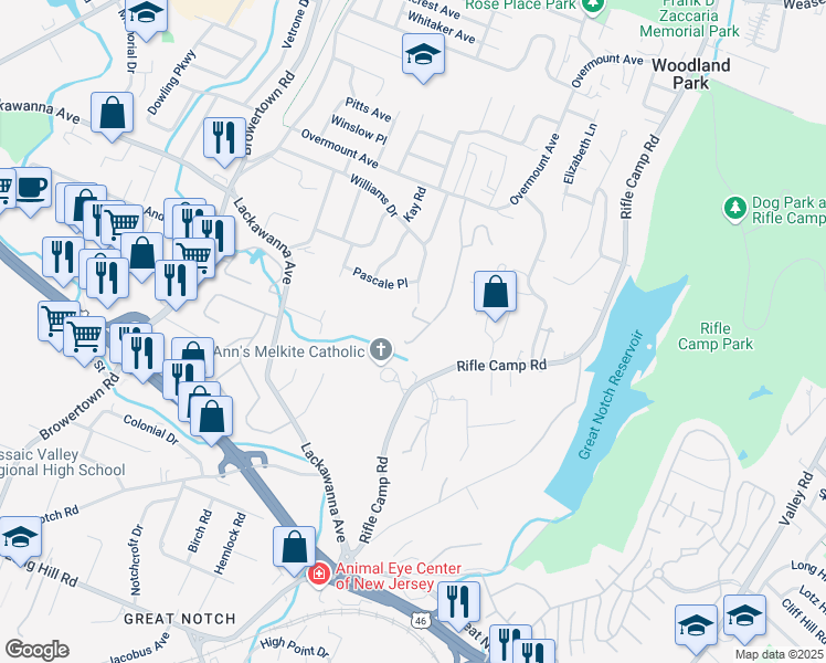 map of restaurants, bars, coffee shops, grocery stores, and more near 82 Rolling Views Drive in Woodland Park