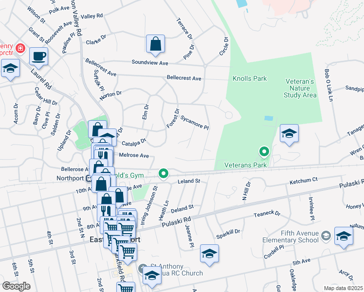 map of restaurants, bars, coffee shops, grocery stores, and more near 26 Jameson Court in East Northport