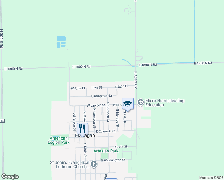 map of restaurants, bars, coffee shops, grocery stores, and more near 304 East Koopman Drive in Flanagan