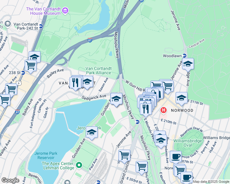 map of restaurants, bars, coffee shops, grocery stores, and more near in The Bronx