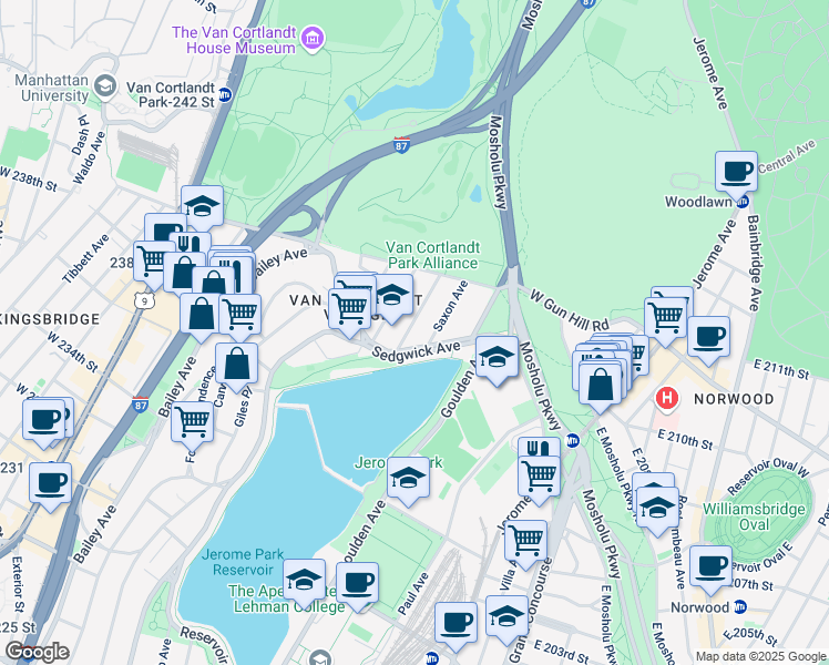 map of restaurants, bars, coffee shops, grocery stores, and more near Sedgwick Avenue in The Bronx