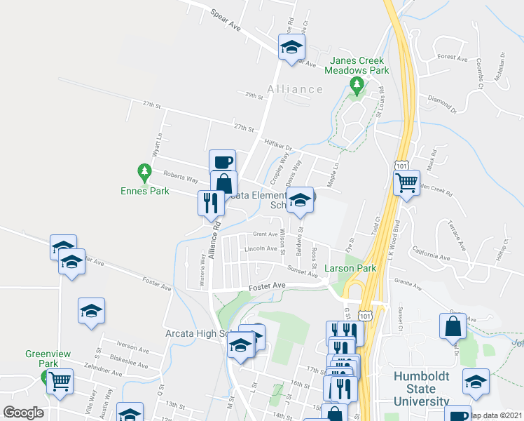map of restaurants, bars, coffee shops, grocery stores, and more near 1301 Anina Way in Arcata