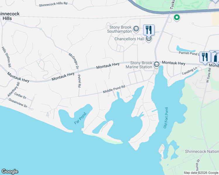 map of restaurants, bars, coffee shops, grocery stores, and more near 68 Middle Pond Road in Southampton