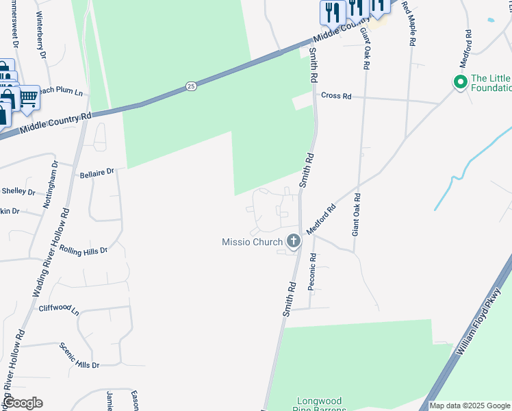 map of restaurants, bars, coffee shops, grocery stores, and more near 8 Valley Forge Court in Ridge