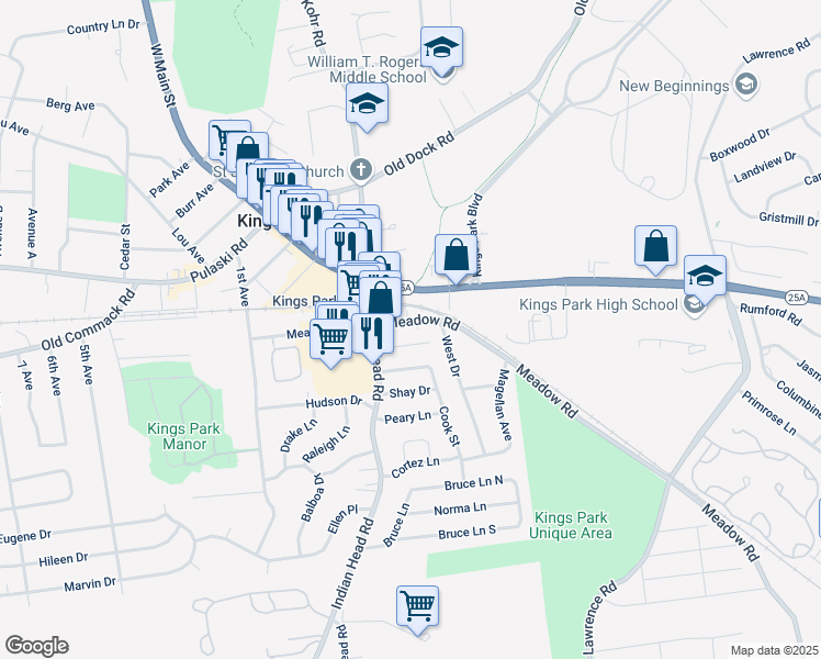 map of restaurants, bars, coffee shops, grocery stores, and more near 18 Park Drive in Kings Park