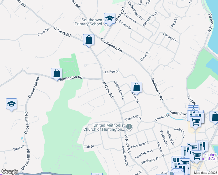 map of restaurants, bars, coffee shops, grocery stores, and more near 1 Woodlot Lane in Huntington