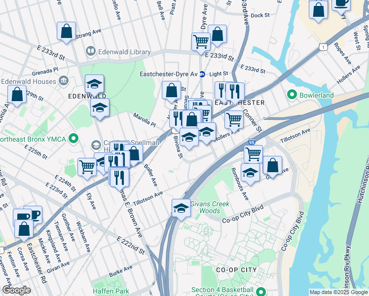map of restaurants, bars, coffee shops, grocery stores, and more near 3475 Bivona Street in Bronx
