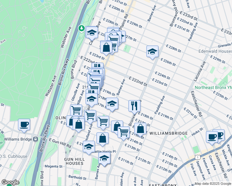 map of restaurants, bars, coffee shops, grocery stores, and more near 3768 Barnes Avenue in Bronx