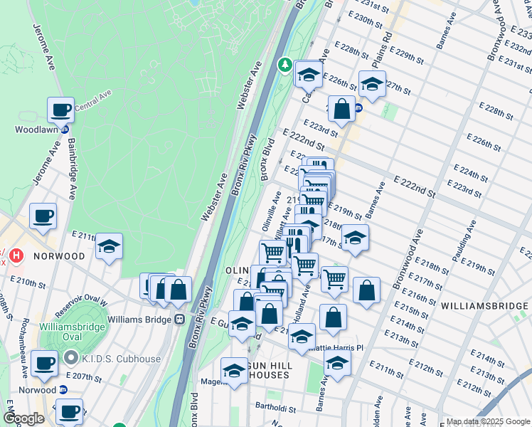 map of restaurants, bars, coffee shops, grocery stores, and more near 3719 Olinville Avenue in The Bronx