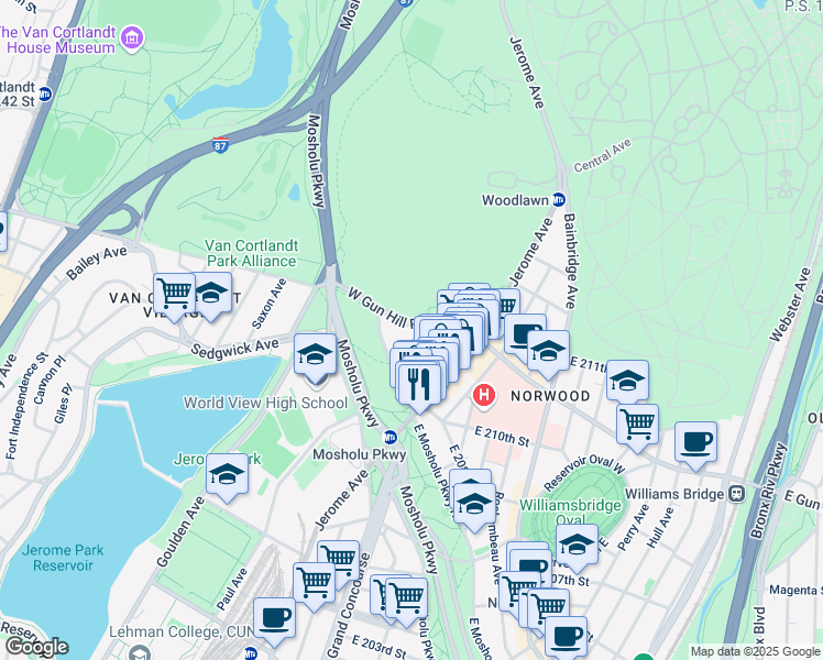 map of restaurants, bars, coffee shops, grocery stores, and more near in The Bronx