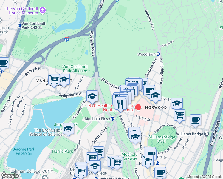 map of restaurants, bars, coffee shops, grocery stores, and more near 55 West Mosholu Parkway South in Bronx