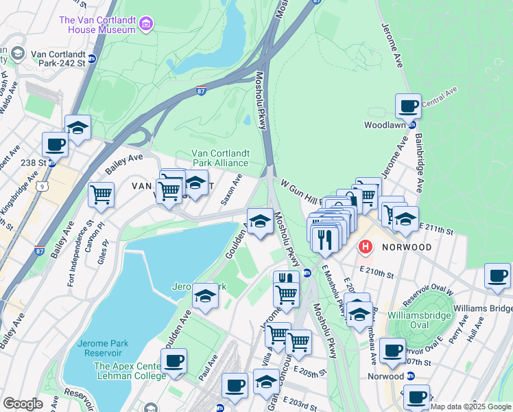 map of restaurants, bars, coffee shops, grocery stores, and more near in The Bronx