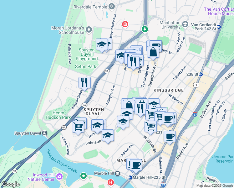map of restaurants, bars, coffee shops, grocery stores, and more near 3039 Netherland Avenue in The Bronx