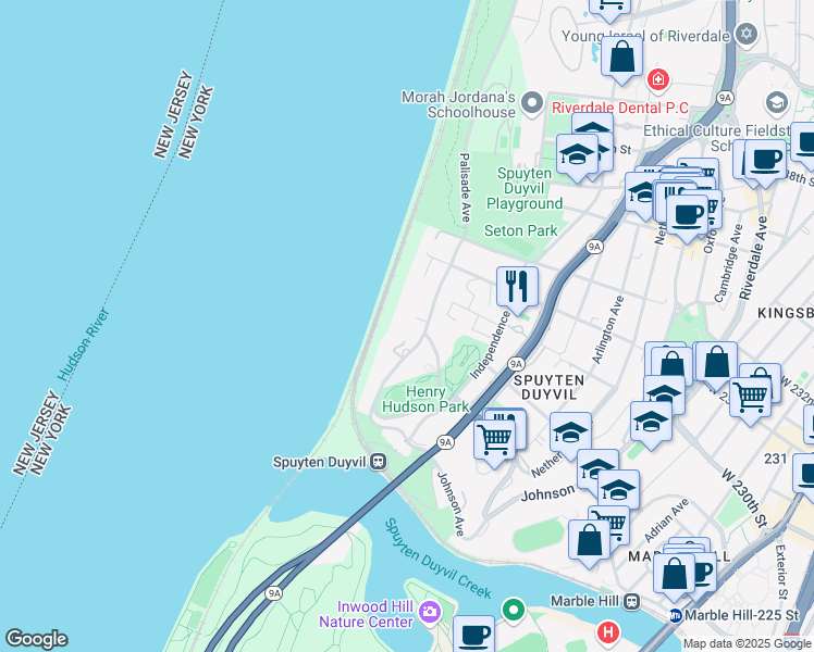 map of restaurants, bars, coffee shops, grocery stores, and more near 2621 Palisade Avenue in Bronx