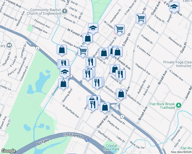 map of restaurants, bars, coffee shops, grocery stores, and more near 88 Brownstone Way in Englewood
