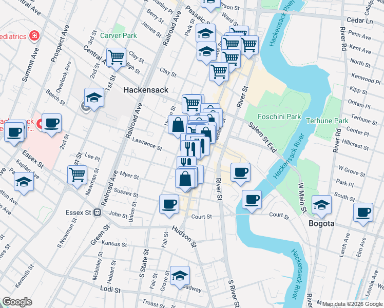 map of restaurants, bars, coffee shops, grocery stores, and more near 102 State Street in Hackensack
