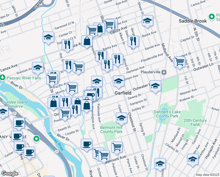 map of restaurants, bars, coffee shops, grocery stores, and more near 9 Main Street in Garfield