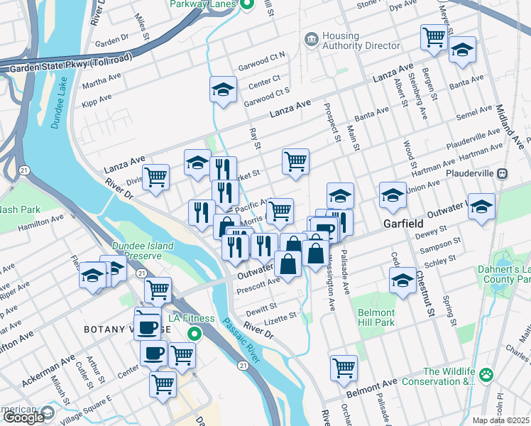 map of restaurants, bars, coffee shops, grocery stores, and more near 85 Columbus Avenue in Garfield