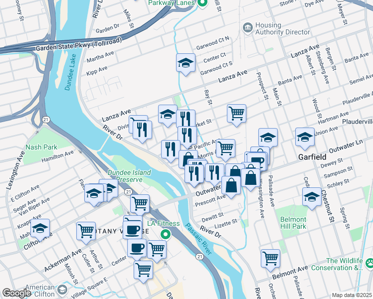 map of restaurants, bars, coffee shops, grocery stores, and more near 65 Jewell Street in Garfield