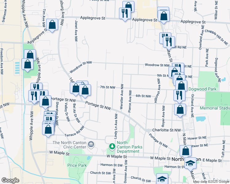map of restaurants, bars, coffee shops, grocery stores, and more near 452 Emerson Avenue Northwest in North Canton