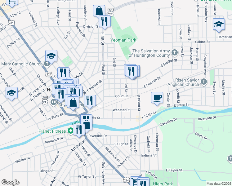 map of restaurants, bars, coffee shops, grocery stores, and more near 627 Court Street in Huntington