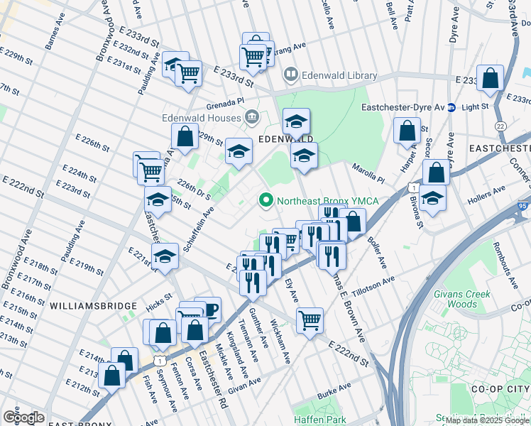 map of restaurants, bars, coffee shops, grocery stores, and more near 1250 East 229th Street in The Bronx