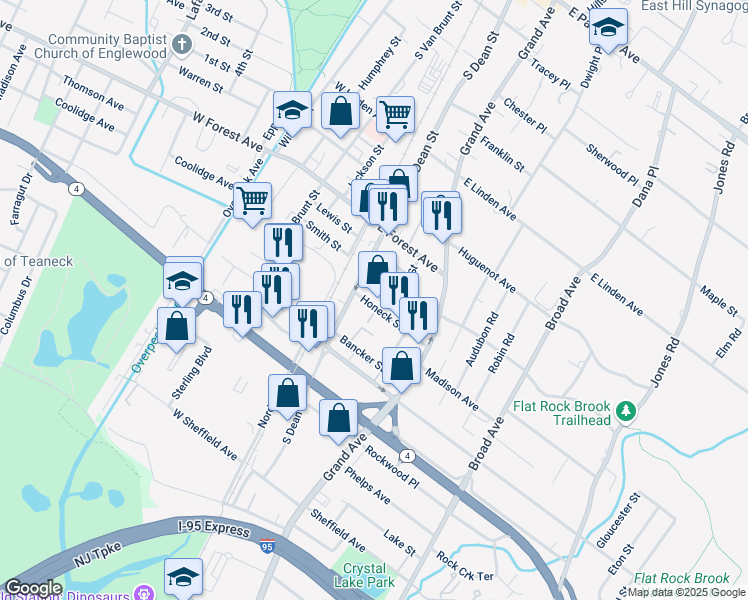 map of restaurants, bars, coffee shops, grocery stores, and more near 22 Honeck St in Englewood