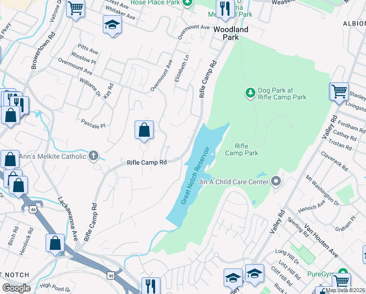 map of restaurants, bars, coffee shops, grocery stores, and more near 616 Rifle Camp Road in Woodland Park