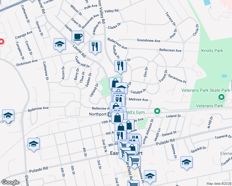 map of restaurants, bars, coffee shops, grocery stores, and more near 124 Laurel Road in East Northport