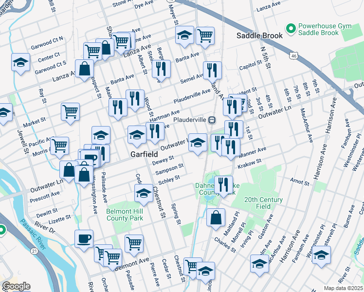 map of restaurants, bars, coffee shops, grocery stores, and more near 139 Dewey Street in Garfield