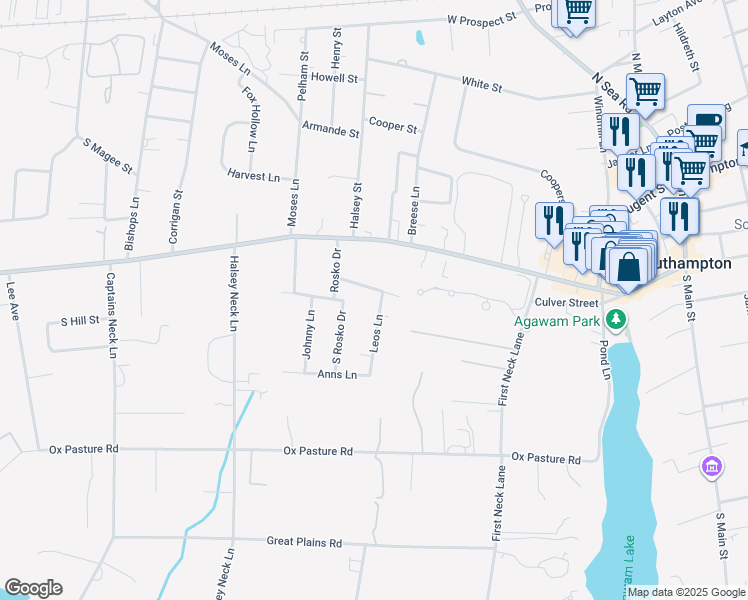 map of restaurants, bars, coffee shops, grocery stores, and more near 11 Leos Lane in Southampton