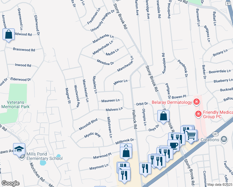 map of restaurants, bars, coffee shops, grocery stores, and more near 14 Malvern Lane in Stony Brook